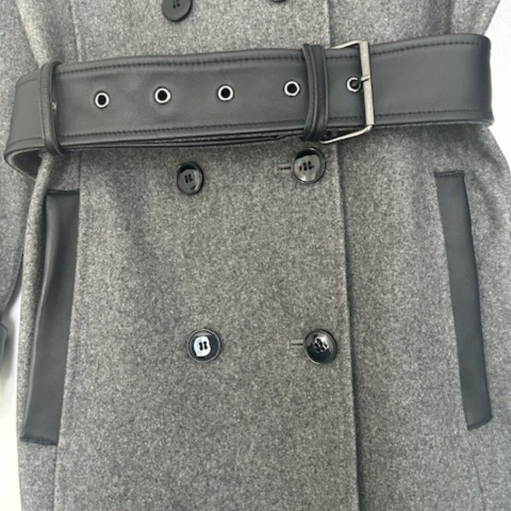 Kooples Grey Wool Blend Trench Coat with leather details - Picture 5 of 11